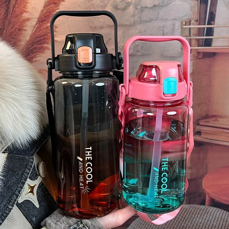 2000ml High Quality Sport Water Bottle With Straw Gym Fitness Outdoor Camping Cycling Hiking Drinking Plastic Bottles With Strap