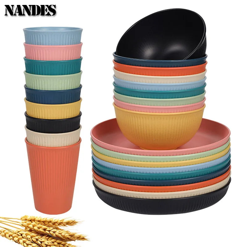 36pcs Plate Sets Wheat Straw Eco-Friendly Ramen Bowl Tableware Dinner Dishes Set Camping Tableware Set With Knife Fork Spoon