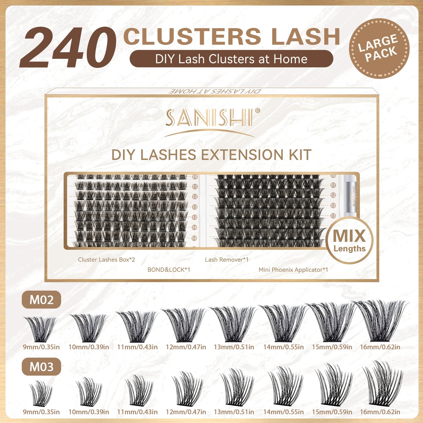 Sanishi diy conjunto de extensão de cílios-240 modelador de cílios naturais, 9-16mm comprimento misto conjunto de cílios individuais, extensões de cílios diy
