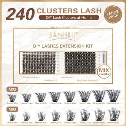 Sanishi diy conjunto de extensão de cílios-240 modelador de cílios naturais, 9-16mm comprimento misto conjunto de cílios individuais, extensões de cílios diy