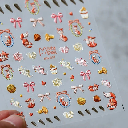 Lovely Red Fox Cartoon 5D Soft Reliefs Self Adhesive Nail Art Stickers Cute 3D Nail Decoration Decals Wholesale Dropshipping