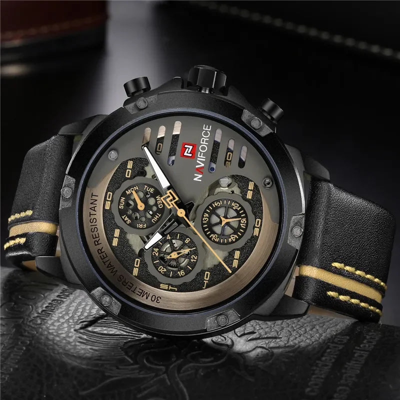 NAVIFORCE Men Watch Sport Man Wristwatch Top Brand Luxury Gold Military Date Week Genuine Leather Quartz Male Clock Gift 9110