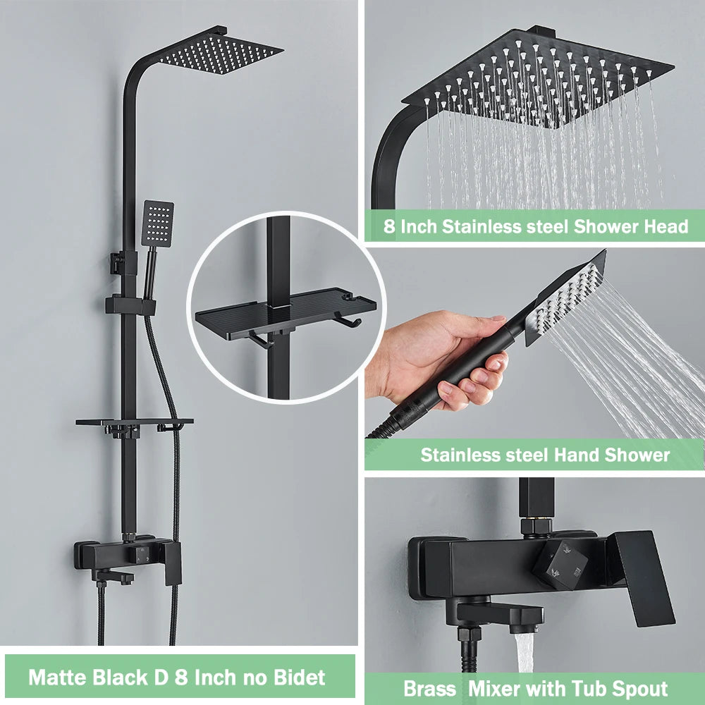 Rainfall Bathroom Shower Faucet Kit With Bidet Wall Mounted Stainless Steel Hot Cold Water Mixer Tap System With Rack,Tub Spout