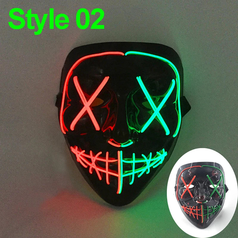 Artigos para Festa de Halloween 2026: Máscara LED Luminosa Estilo "Uma Noite de Crime" (Purge) com Luz Neon EL Sem Fio – Máscara de Rosto Inteiro para Cosplay Adulto (Brilha no Escuro)