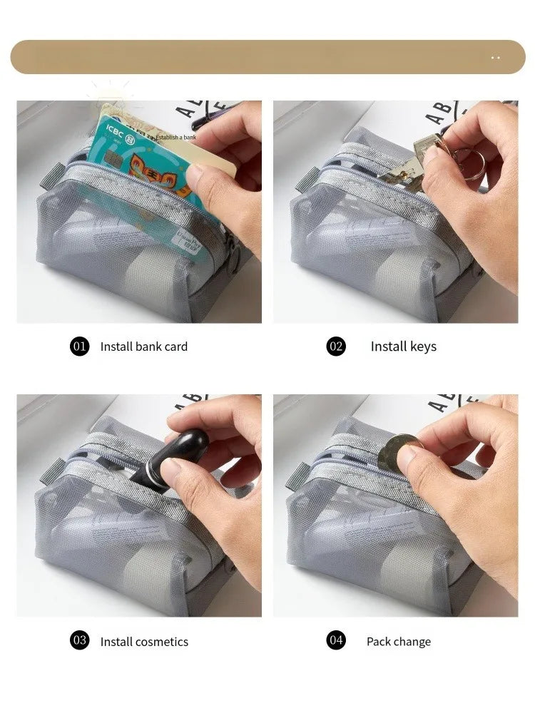 1pc Multifunctional Square Nylon Mesh Storage Bags Travel Portable Urltra-Light Mini Wash Bags Mini Zipper Coin Purse