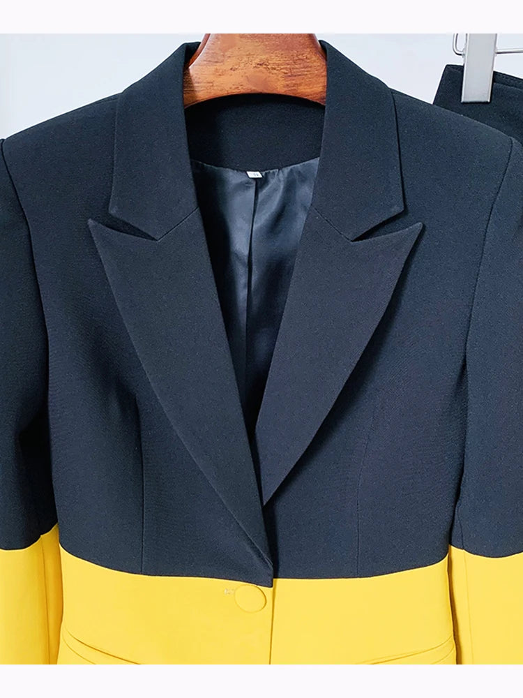 HIGH QUALITY Newest 2025 Star Style Fashion Designer Runway Suit Set Women's Single Button Color Block Blazer Flare Pants Suit