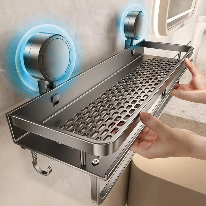 Estante de baño con ventosa sin taladro, estante para baño, espacio para inodoro, estante colgante de aluminio, organizador de baño para colgar en la pared