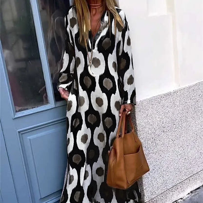 Plus Size 2023 Nova Estação Independente Moda Impressão Exclusiva Vestido Longo com Decote em V Transfronteiriça Europeu Americano Outono Wi...