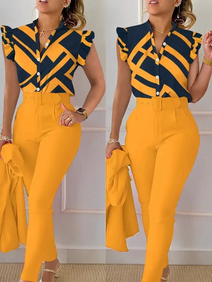 Conjunto elegante de dos piezas ajustado para mujer, moda de verano, estampado de cuello en V, botones, manga acampanada, camisa y pantalón largo liso con cinturón