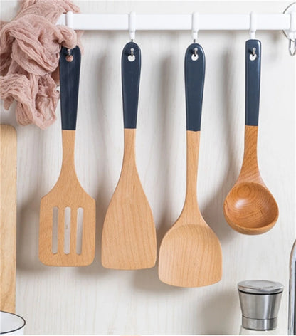 Espátula de madera con mango largo para cocinar, antiadherente, para saltear, resistente al calor, para el hogar, accesorio de cocina