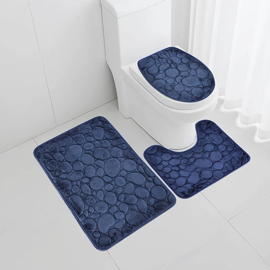 1 Set of Solid Color Simple Bathroom Water-Absorbing and Non-Slip Floor Mat with Stone Pattern, Comfortable and Soft, Three-Piece Set