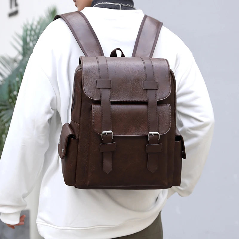 Mochila de piel sintética para hombre, mochila grande para portátil, mochila negra para adolescentes y niños, mochila marrón, 2023