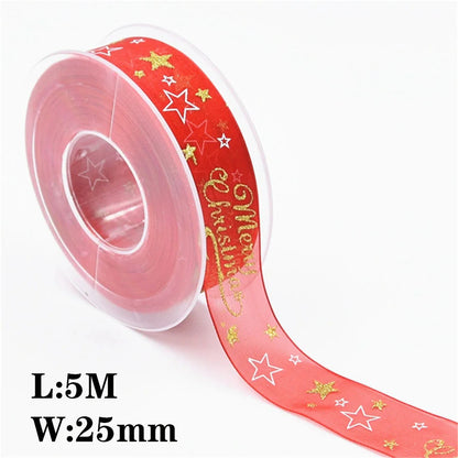 5M 10mm 15mm 25mm Christmas Satin Ribbons Crafts DIY Tape Wedding Gift Bows Natural Organza Ribbon Sewing Clothing Decoration