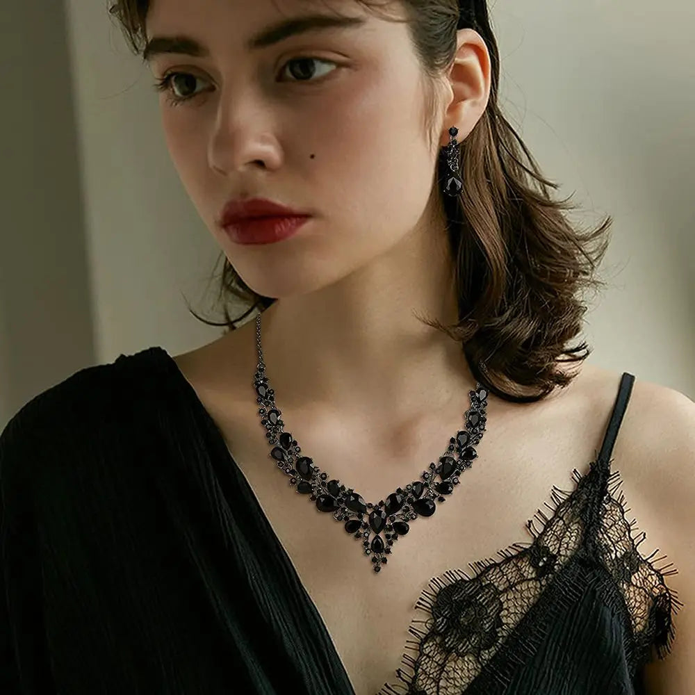 1 Juego de joyas para mujer, para fiesta, boda, novia, cristal austriaco, lágrima, racimo, collar llamativo, pendientes colgantes, regalos para ella