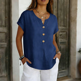 2026 Summer Basic Blouses Women's Shirts Solid Color Casual Short-Sleeve Cotton Linen Fashion Plus Size V-Neck Loose Button Tops