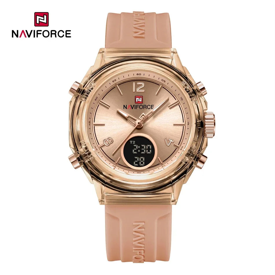 Relojes NAVIFORCE para mujer, nuevo diseño, esfera pequeña, deportivos, para mujer, resistente al agua hasta 5 ATM, reloj de pulsera de cuarzo con pantalla LCD digital, reloj para mujer