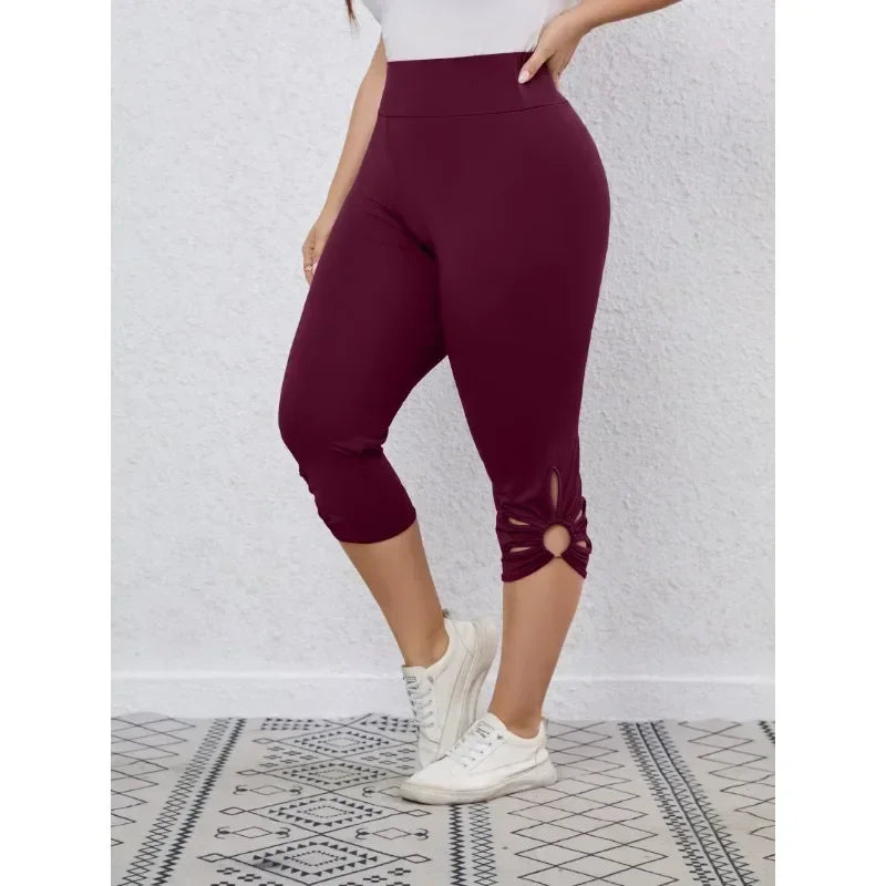 Mulheres cintura alta calças de ioga, calças apertadas elásticas, oco para fora, monocromático, elegante, cortada, verão, plus size S-8XL