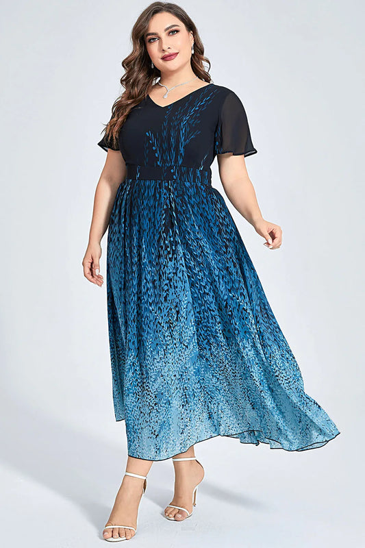Vestido largo tipo túnica de gasa azul semiformal, con estampado degradado y mangas con volantes, elegante, informal, vintage, para fiesta y verano, talla grande, 2024