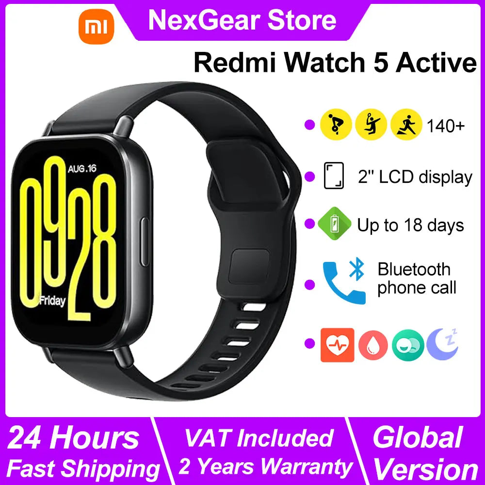 Xiaomi Redmi Watch 5 Active Smart Watch, Bluetooth Phone Call, 2" LCD Display, Blood Oxygen Heart Rate Monitoring Smartwatch