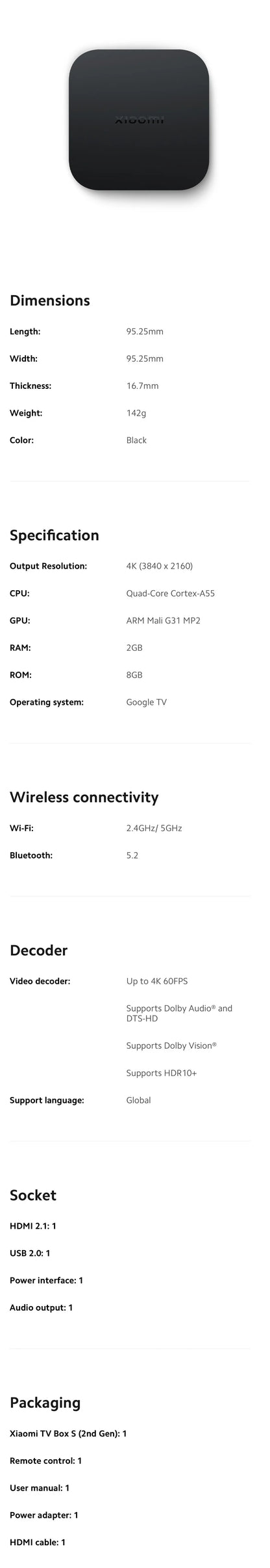 Versión global Xiaomi Mi TV Box 2.ª generación 4K Ultra HD Google TV Dolby Vision HDR10+ Asistente de Google Smart Mi Box S Media Player
