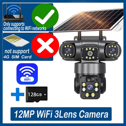 12MP 6K 3 Lens 3 Screen 4G Outdoor Solar Camera Wireless WiFi IP Cameras PIR Auto Tracking Solar Security CCTV Surveillance Cam