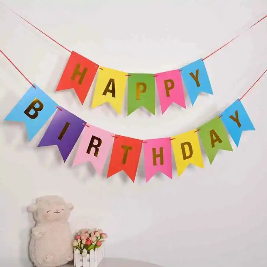 Happy Birthday in English Gold Plated Swallowtail Flag Decoration Banner Party Supplies