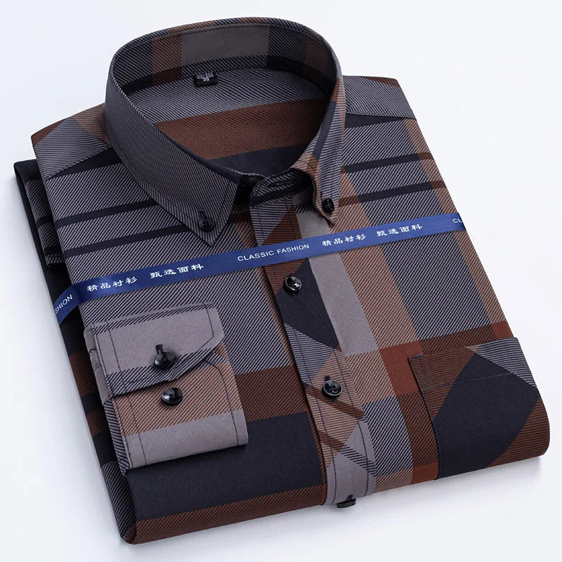 Latest Men's Dress Shirts Spring Autumn Non-iron Anti-wrinkle Business Casual Print Thin Plaid Soft Slim Fit Chemise Homme