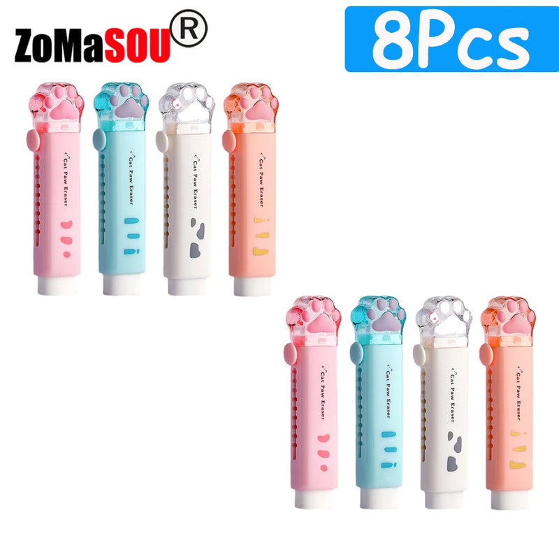 1-8Pcs New! Kawaii Cat Paw Rubber Erasers Retractable Pencil Eraser for Kids Students School Home Office Writing Drawing