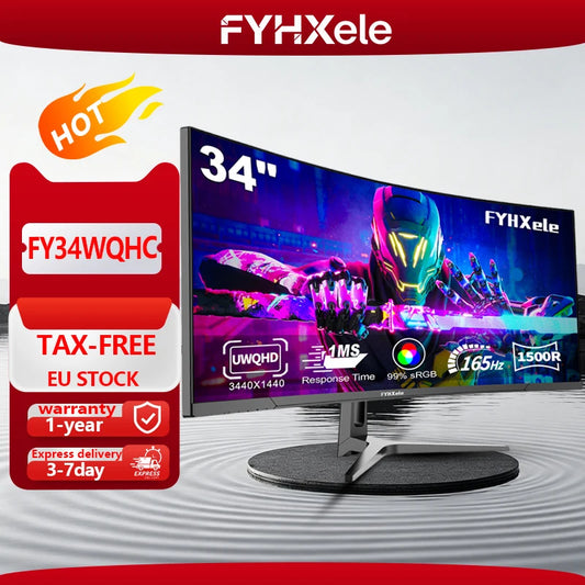 FYHXele 34-inch 99% sRGB Gaming Office Curved Screen, 165Hz Refresh Rate, 1ms High Reaction Speed, Equipped With 3440*1440P Resolution, HDMI or DP Interface, 21:9 Proportional Screen