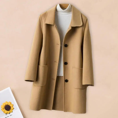 Abrigo de invierno de longitud media para mujer, color liso, cuello vuelto, botonadura sencilla, abrigo formal grueso para uso diario en la calle.