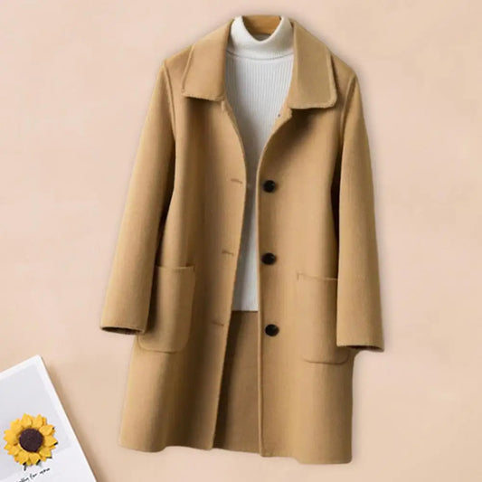 Abrigo de invierno de longitud media para mujer, color liso, cuello vuelto, botonadura sencilla, abrigo formal grueso para uso diario en la calle.