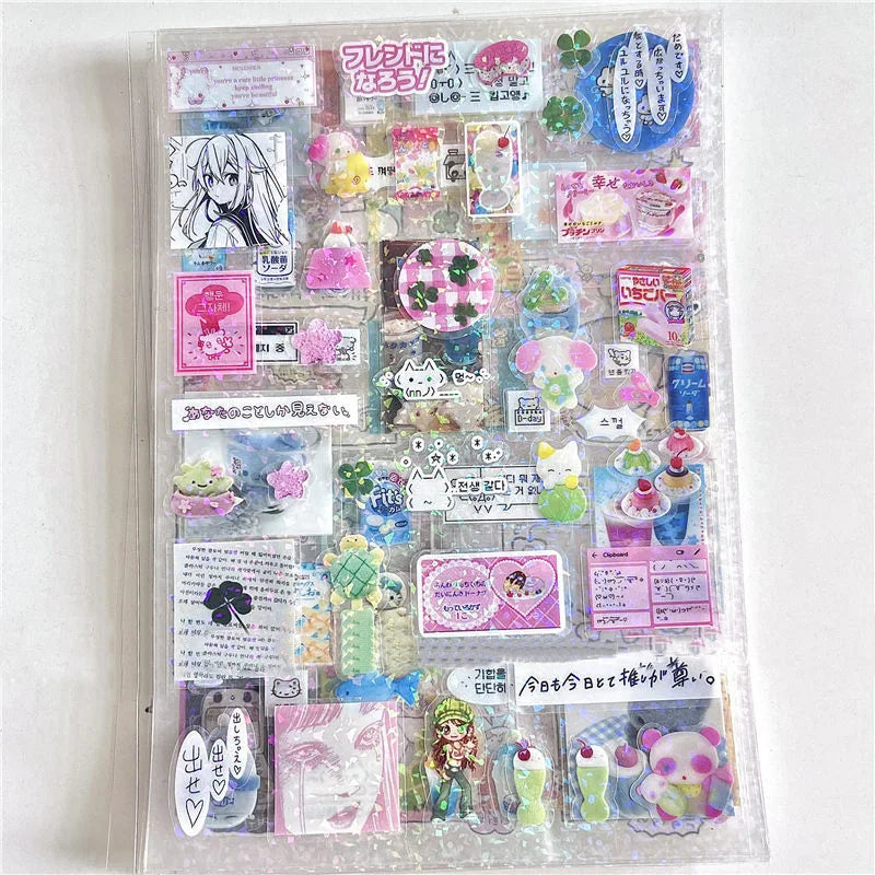 6pcs Glitter Stickers Y2K DIY Toploader Scrapbooking Journal Decor Stickers for Phone Kawaii Transparent PET Stickers Gift