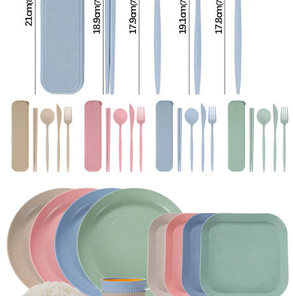 36pcs Plate Sets Wheat Straw Eco-Friendly Ramen Bowl Tableware Dinner Dishes Set Camping Tableware Set With Knife Fork Spoon