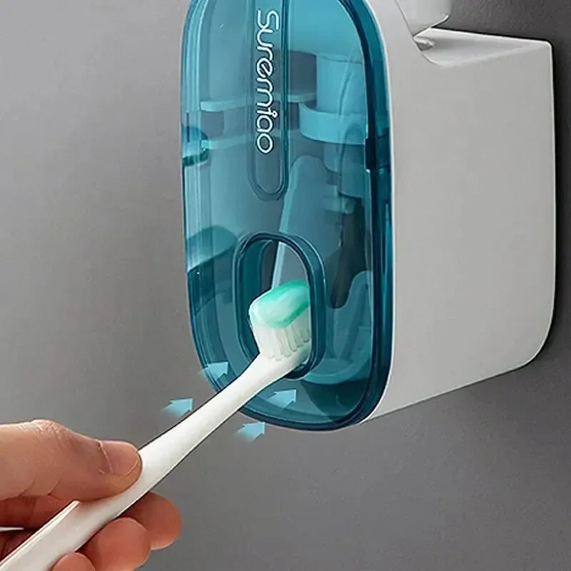 1 dispensador de pasta de dientes, accesorio de baño, exprimidor de pasta de dientes de pared, soporte para cepillo de dientes.