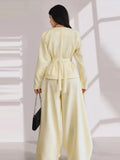 Solid Yellow Pant 2 Piece Set Women's Full Sleeves Buttons Waist-cinching Coats Wide-leg Trousers 2026 New Ladies Autumn Outfit