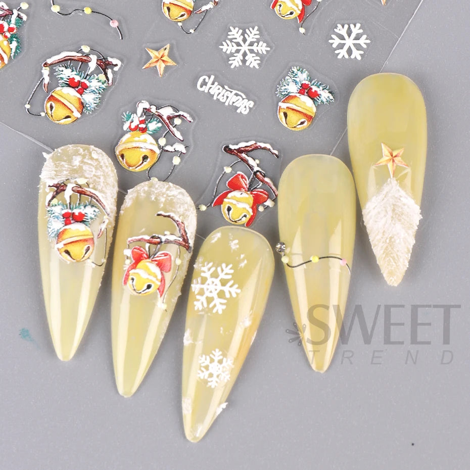 5D Red Christmas Nail Stickers Glitter Embossed Snowflake Gloves Feather Bulb Bells Winter Xmas DIY Engraved Manicure Decoration