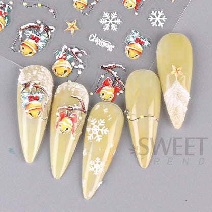 5D Red Christmas Nail Stickers Glitter Embossed Snowflake Gloves Feather Bulb Bells Winter Xmas DIY Engraved Manicure Decoration