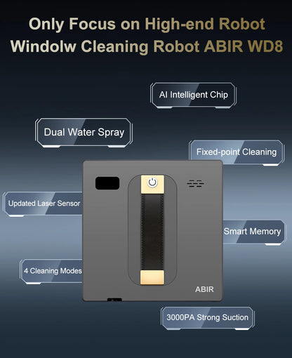 Robot limpiacristales ABIR WD8, doble pulverización de agua, memoria inteligente, alta succión al vacío, sensor láser, ideal para limpiar cristales de paredes del hogar.