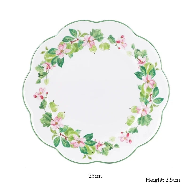 Ceramic Plate Household Bone China Dinner Plate Set Vintage Green Flower Dishes Tableware Oval Large Tray Dinnerware Sets