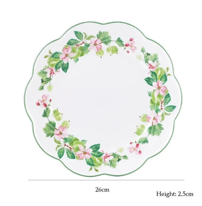 Ceramic Plate Household Bone China Dinner Plate Set Vintage Green Flower Dishes Tableware Oval Large Tray Dinnerware Sets