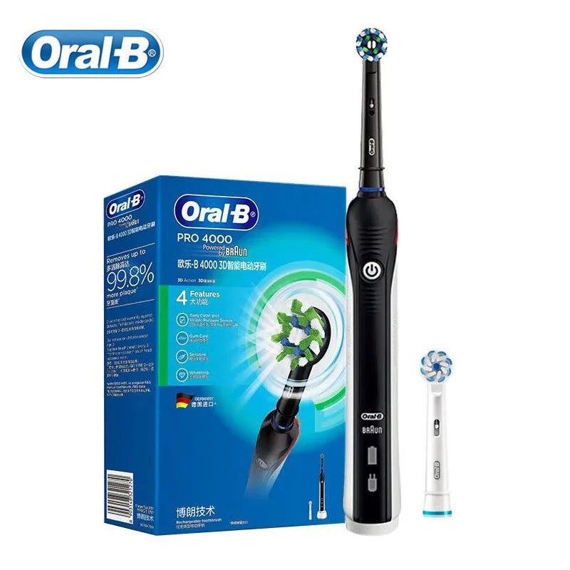 Cepillo de dientes eléctrico Oral B Pro4000 3D Action Clean, 4 modos, sensor de presión visible, dientes más blancos, recargable para adultos.