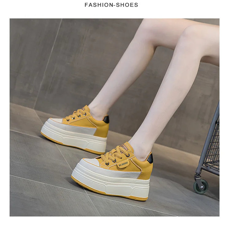 Fujin 9cm Cow Suede Genuine Leather Women Vulcanized Shoes Platform Wedge Skate Boarding High Brand Heels Casual Summer Shoes