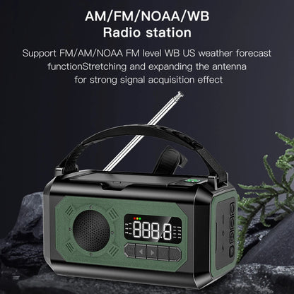 Radio multifunción solar de 12000 mAh con manivela, radio meteorológica de emergencia, lámpara de lectura, banco de energía, alarma SOS para acampar, senderismo, tiendas de campaña