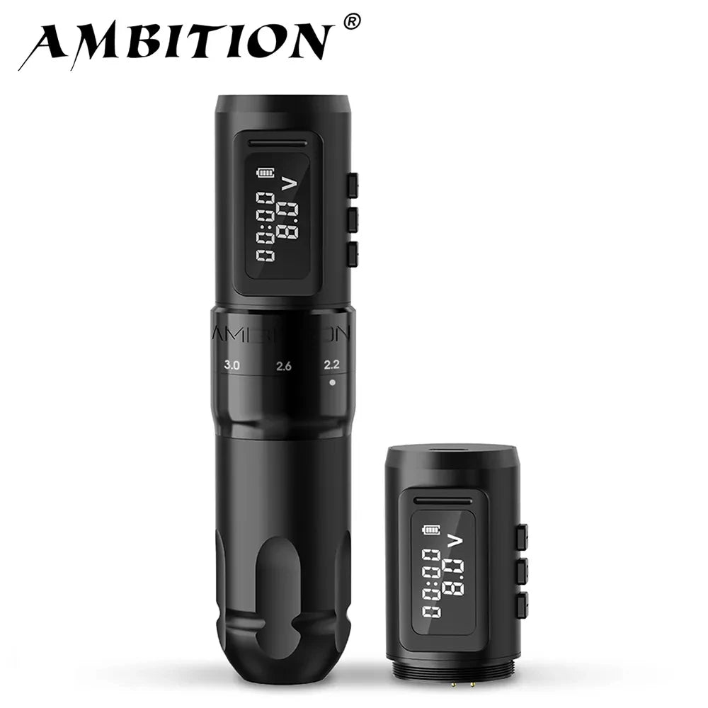 Máquina de tatuaje inalámbrica profesional Ambition MARS-U con pluma y trazo ajustable, cartucho de 2-4 mm, motor sin núcleo de 1800 mAh, para artistas del tatuaje