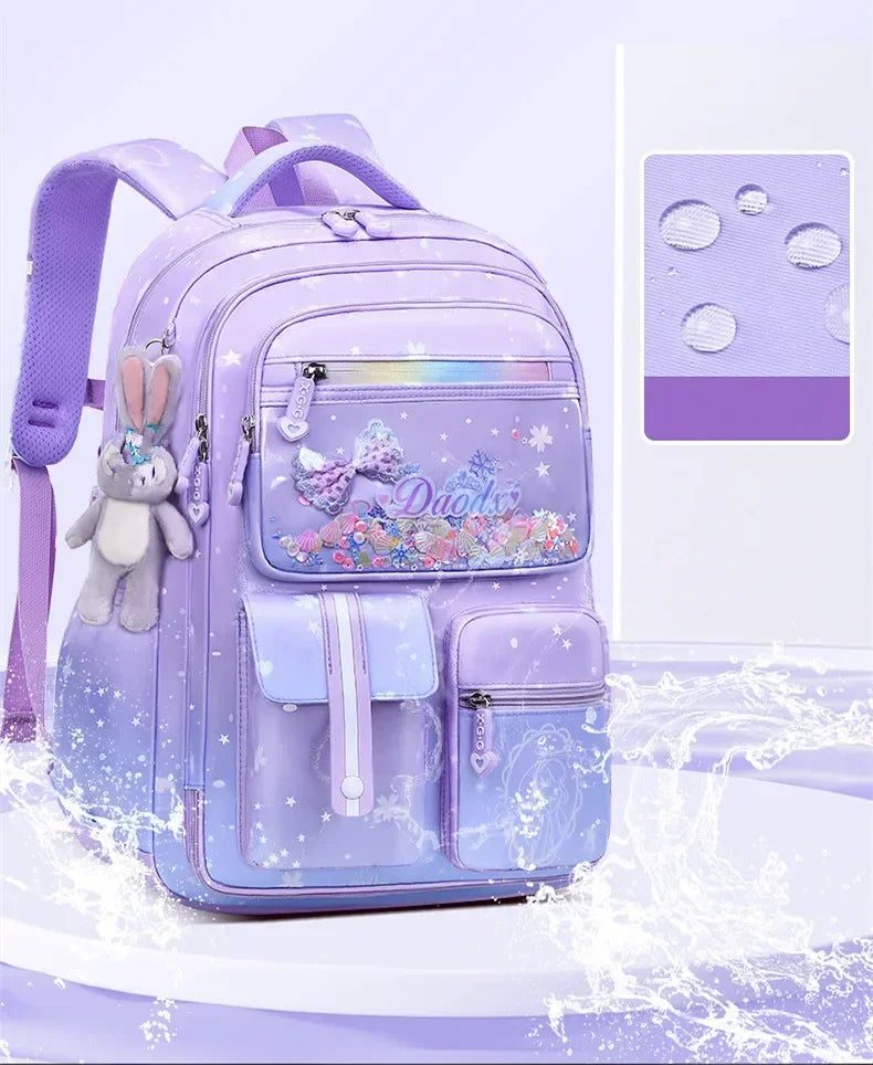Primary Bow Knot Schoolbag With Rabbit Pendant For Girls Orthopaedics Kids Backpack Kawaii Waterproof School bag