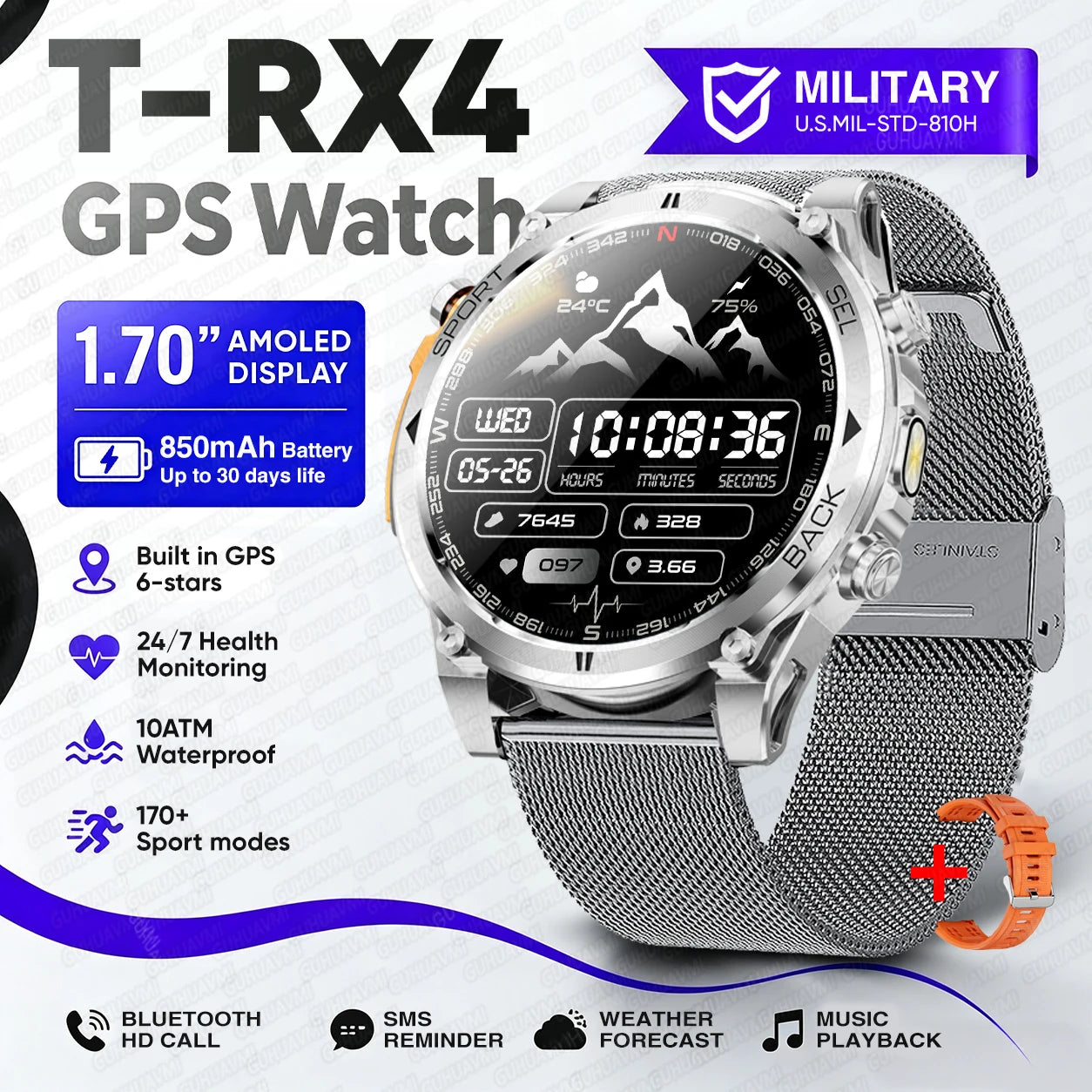 Novo Smartwatch Masculino T-RX4 Ultra GPS 2026 – Posicionamento GPS de 6 satélites, resistência à água 10ATM, bateria de 850mAh, bússola e mais de 170 modos esportivos.