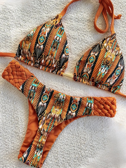 RUOTONSEPT Bikini con cuello halter y estampado de corte alto para mujer, traje de baño de dos piezas