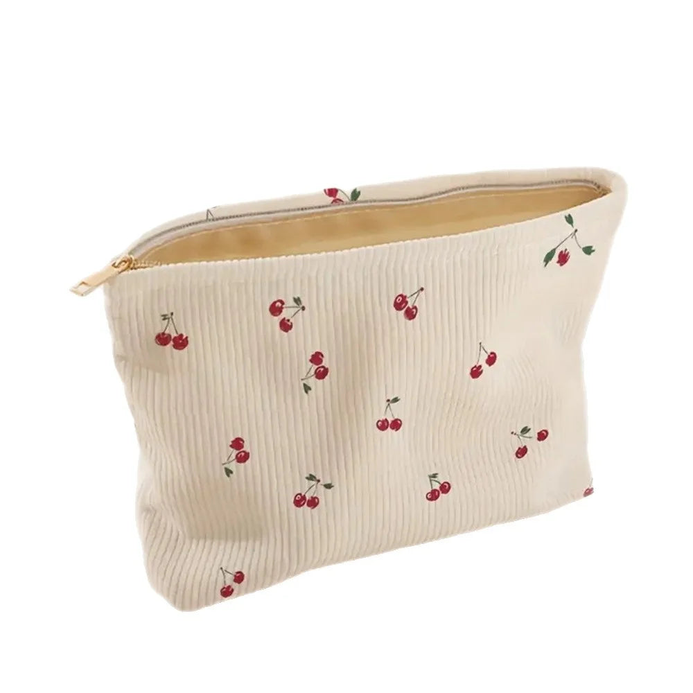 Portable Makeup Bag Winter Cute Cherry Makeup Bag Corduroy Cosmetic Bag Corduroy For Everyday Use Makeup Travel