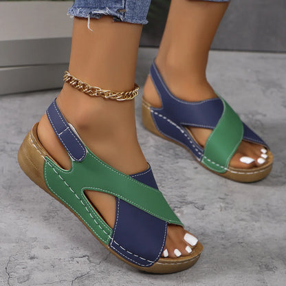 New Women's Contrast Color Wedge Sandals Summer Peep Toe Non Slip Beach Shoes Woman Comfortable Platform Roman Sandalias Mujer