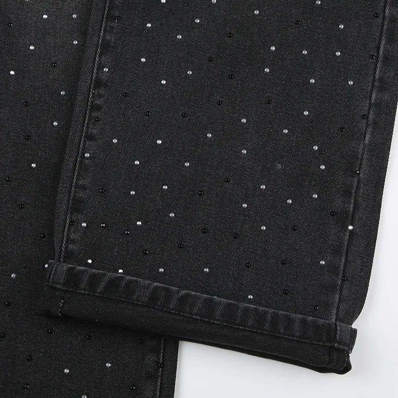 BKQU - Pantalones vaqueros rectos y holgados para mujer, cintura alta, pierna ancha, con diamantes de imitación, largos, moda urbana 2021, pantalones brillantes con diamantes
